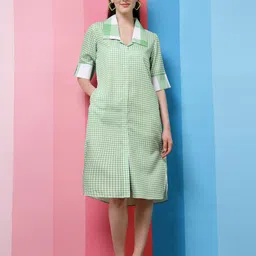 Athena Green Checked Linen Shirt Dress-43
