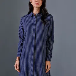 AND Striped Shirt Collar Linen Shirt Dress-image-66