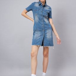 Orchid Blues Short Sleeves Cotton Denim Shirt Dress-image-90
