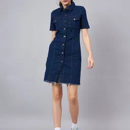 Orchid Blues Short Sleeves Cotton Denim Shirt Dress-picture-32