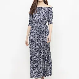 Sera Blue Floral Printed Off-Shoulder Tiered Maxi Dress-image-96