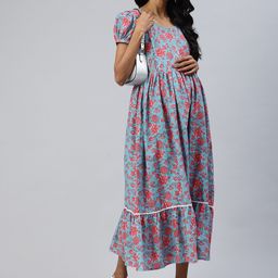 Swishchick Floral Printed Puff Sleeve Maternity Maxi Dress-image-70