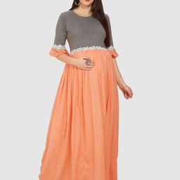 Mom For Sure by Ketki Dalal Pink Colourblocked Maternity Pure Cotton Maxi Dress-image-9
