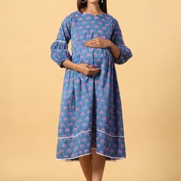 Ikk Kudi by Seerat Puffed Sleeves Floral Printed Maternity Pure Cotton Fit & Flare dress-39