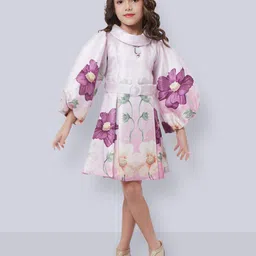 Peppermint Girls Floral Printed Puff Sleeves Pleated Detailed Fit & Flare Dress-picture-1
