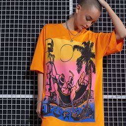 SASSAFRAS Orange Graphic Printed Drop Shoulder Pure Cotton Oversized T-Shirt Dress-image-38