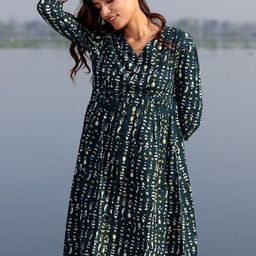 SootiSyahi Geometric Print V-Neck PLeated Cotton A-Line Dress-image-76