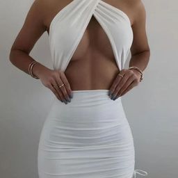 StyleCast White Halter Neck Sleeveless Bodycon Mini Dress-image-3