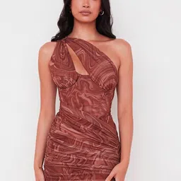 StyleCast Brown Abstract Printed One Shoulder Bodycon Dress-image-75
