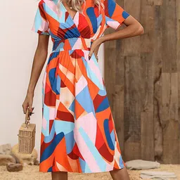 StyleCast Orange-Coloured Geometric Printed V-Neck Smocked A-Line Midi Dress-picture-1