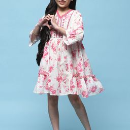 Biba Girls Floral Print V-Neck Three-Quarter Bell Sleeves Cotton A-Line Dress-image-97