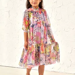 Angel & Rocket Girls Floral Print High Neck Puff Sleeves Tiered A-Line Dress-picture-53