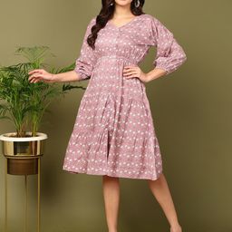 mokshi Peach Floral Printed Bishop Sleeves Empire Dress-image-69