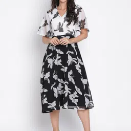 DRAAX Fashions Floraled Printed V-Neck Flared Sleeves Fit & Flare Midi Dress-image-17