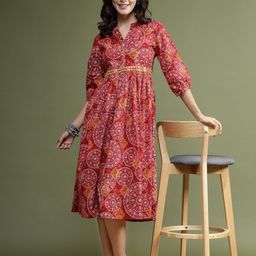 Ramas Ethnic Motifs Printed Mandarin Collar Gathered Cotton A-Line Midi Dress-image-6