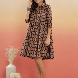 InWeave Black Ethnic Motifs Paisley Printed Shirt Collar Gathered A-Line Dress-picture-23