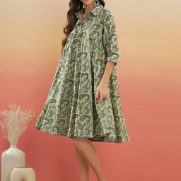InWeave Ethnic Motifs Printed Shirt Collar A-Line Dress-39