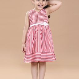 Hola Bonita Girls Striped V-Neck Corsage Detailed Cotton A-Line Dress-image-75