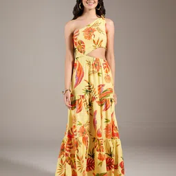 20Dresses Yellow & Orange Tropical Printed One Shoulder Flared Maxi Dress-picture-31