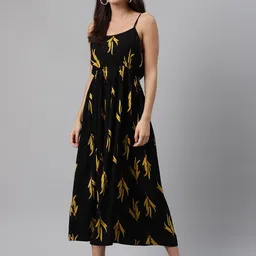 Meeranshi Women Black & Yellow Liva Floral Print Maxi Dress-image-74