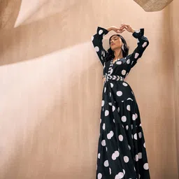Pink Paprika by SASSAFRAS V Neck Polka Dot Printed Cotton Cut Outs A Line Maxi Dress-2