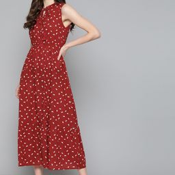 HERE&NOW Women Maroon & White Pure Cotton Printed Maxi Dress-image-49