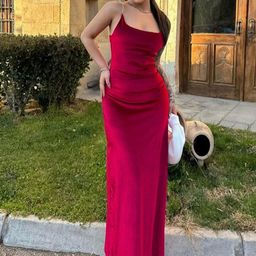 StyleCast x Revolte Red Shoulder Straps Sheath Maxi Dress-image-5