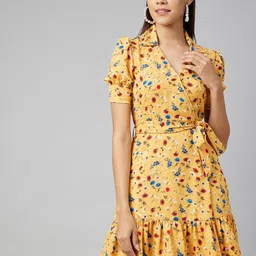 StyleStone Floral Printed Puff Sleeve Crepe Wrap Dress with Belt-image-36