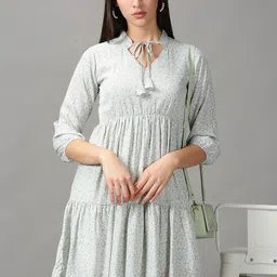 SHOWOFF Sea Green Floral Tie-Up Neck Chiffon A-Line Dress-image-28