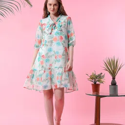 MISH White & Green Floral Print Tie-up Neck Puff Sleeves Chiffon A-Line Dress-image-17