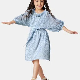 Peppermint Girls Floral Printed Bishop Sleeves Tie-Up Chiffon A-Line Dress-image-77