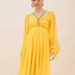 Antheaa Puff Sleeves Ruched Chiffon Empire Dress-picture-8