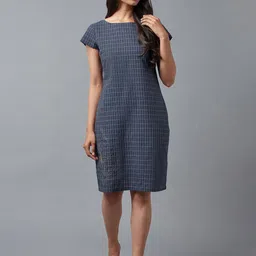 W Blue Checked Pure Cotton Sheath Dress-image-9