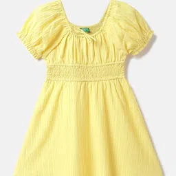 United Colors of Benetton Girls Tie-up Neck Puff Sleeves Cotton Dress-image-5