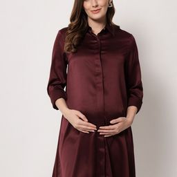 angloindu Women Burgundy Satin Maternity Shirt Dress-picture-30