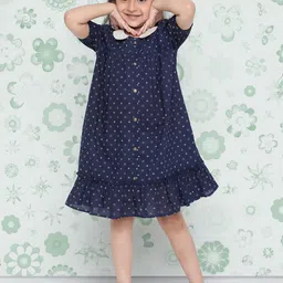 Indo Era Girls Navy Blue Polka Dot Printed Cotton Ruffled Drop-Waist Dress-image-11
