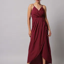 emeros Burgundy Solid Crepe Maxi Dress-10