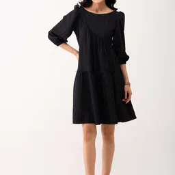 AASK Boat Neck Puff Sleeves Gathered Detailed A-Line Dress-image-21