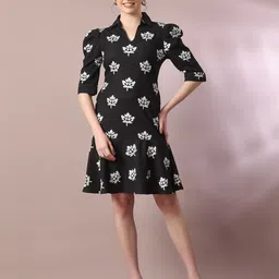 HERE&NOW Valentino Black Floral Printed Shirt Collar Puff Sleeves Crepe A-Line Dress-picture-31