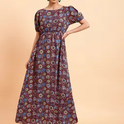 MINT STREET Puff Sleeves Floral Print Crepe A-Line Dress-image-27