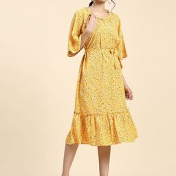 RACHNA Floral Printed Bell Sleeves Ruffles Detail A-Line Midi Dress-image-56