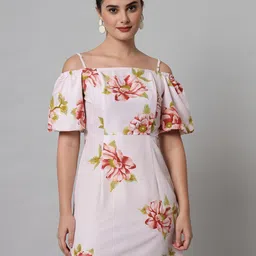 emeros Pink & Red Floral Off-Shoulder Crepe A-Line Dress-image-68