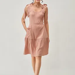 AASK Tie-Up Neck Crepe A-Line Dress-image-17