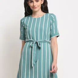 La Zoire Teal Blue & White Striped Crepe A-Line Dress-picture-45