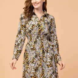 Hive91 Yellow & Black Tropical Crepe Formal Shirt Dress-42