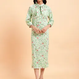 MINT STREET Floral Printed Tie Up Neck Crepe Sheath Dress-image-26