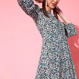 STREET 9 Women Blue Floral Printed Crepe Shirt Dress-image-77