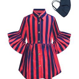 A T U N Kids Girls Red & Navy Blue Striped Shirt Dress-image-36