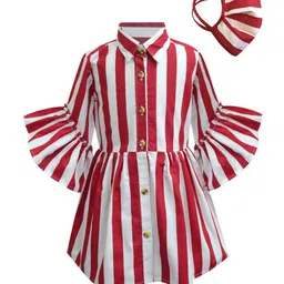 A T U N Girls Red & White Striped Shirt Dress with Mask-image-93