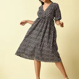 KALINI Conversational Printed V-Neck Puff Sleeve Cotton Empire Midi Dress-picture-4